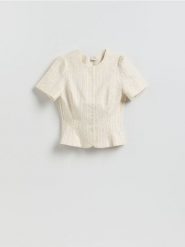 Koszula z bufkami - złamana biel. Koszule damskie Reserved, l, bez wzorów, z bawełny, bez kołnierzyka, bez ramiączek. Za 139.99 zł.