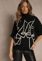 Czarny Golf o Pudełkowym Kroju z Krótkim Rękawem Zdobiony Grafiką Uninasea. Czarne golfy damskie Renee, z aplikacjami, z jeansu, bez ramiączek. Za 79.99 zł.