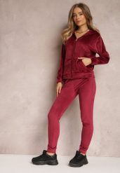 Bordowy 2-częściowy Komplet Dresowy Welurowy z Bluzą i Spodniami Misnes. Czerwone bluzy z kapturem damskie Renee, s, z dresówki. Za 84.99 zł.
