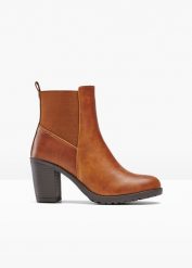 Krótkie botki. Brązowe botki damskie bonprix, bez obcasa, bez zapięcia. Za 149.99 zł.