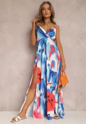 Niebieska Sukienka Agastis. Niebieskie sukienki damskie Renee, l, bez wzorów, z materiału, bez kołnierzyka, bez ramiączek, maxi, kopertowe. W wyprzedaży za 125.99 zł.