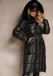 Czarna Kurtka z Pikowanymi Przeszyciami Ściągaczem w Talii i Kapturem z Odpinanym Futrem Ravalin. Czarne kurtki damskie Renee, l, bez wzorów, z jeansu. Za 279.99 zł.