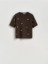 Sweter z błyszczącą aplikacją - brązowy. Brązowe swetry klasyczne damskie Reserved, l, z dzianiny, bez kołnierzyka. Za 139.99 zł.