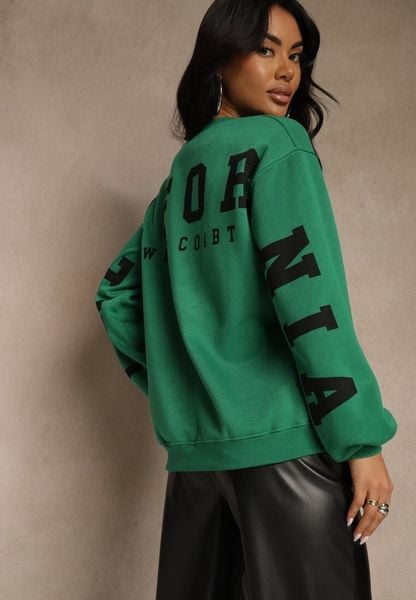 Zielona Bluza Ocieplana z Bawełną Ozdobiona Napisem Fezurra. Zielone bluzy bez kaptura damskie Renee, m, z bawełny. Za 64.99 zł.