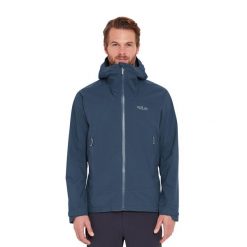 Kurtka przeciwdeszczowa męska Rab Downpour Light Jacket z kapturem. Niebieskie kurtki męskie RAB, m, bez wzorów, sportowe, z kapturem. Za 659.99 zł.