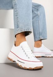 Biało-Czerwone Trampki na Platformie z Niską Cholewką Evalloria. Białe trampki i tenisówki damskie Renee, bez wzorów, z jeansu, przed kostkę. Za 89.99 zł.