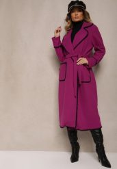 Fioletowy Płaszcz Szlafrokowy z Wiązanym Paskiem Zdobiony Przeszyciami Enamia. Fioletowe płaszcze damskie Renee, z aplikacjami, z jeansu, eleganckie. Za 159.99 zł.