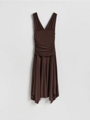 Sukienka maxi - ciemnobrązowy. Brązowe sukienki damskie Reserved, na co dzień, l, bez wzorów, z tkaniny, bez kołnierzyka, bez ramiączek, maxi, proste. Za 139.99 zł.