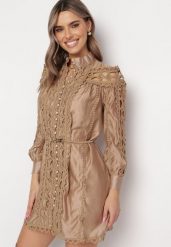 Beżowa Koszulowa Sukienka w Stylu Vintage ze Stójką i Paskiem w Talii Glikoma. Brązowe sukienki damskie Born2be, m, bez wzorów, vintage, bez kołnierzyka, bez ramiączek, mini, koszulowe. Za 219.99 zł.