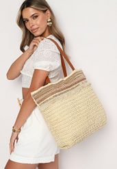 Beżowa Torebka Shopperka Wykończona Plecionką i Frędzlami w Stylu Boho Rivaniane. Brązowe shopper bag damskie Born2be, bez wzorów, z jeansu, bez dodatków. Za 69.99 zł.