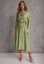 Zielona Sukienka z Wiskozą o Koszulowym Kroju z Wiązanym Paskiem Rissanni. Zielone sukienki damskie Renee, l, bez wzorów, z wiskozy, eleganckie, bez kołnierzyka, bez ramiączek, koszulowe. Za 119.99 zł.