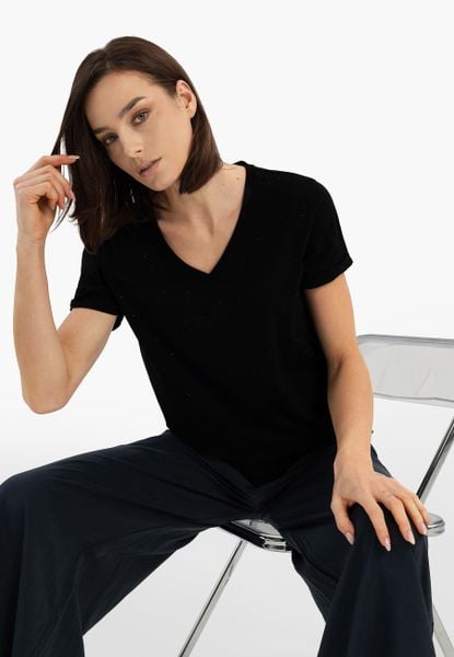 Koszulka z dżetami T-MELI. Czarne t-shirty damskie Volcano, s, z aplikacjami, z bawełny, bez kołnierzyka. Za 69.99 zł.