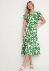 Jasnozielona Rozkloszowana Sukienka z Wiązaniem w Roślinny Wzór Janitaie. Zielone sukienki damskie Born2be, na co dzień, l, bez wzorów, z jeansu, eleganckie, bez kołnierzyka, bez ramiączek, midi, rozkloszowane. W wyprzedaży za 63.99 zł.