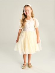 Tiulowa sukienka babydoll z haftowanym wzorem - beżowy. Brązowe sukienki dziewczęce Sinsay, bez wzorów, z tiulu, bez ramiączek. Za 45.99 zł.