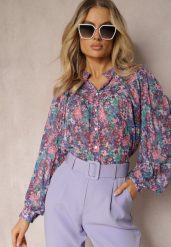 Niebiesko-Fioletowa Koszula w Kwiatowy Wzór z Prześwitującej Tkaniny Omertala. Niebieskie koszule damskie Renee, l, bez wzorów, z jeansu, eleganckie, bez kołnierzyka, bez ramiączek. Za 129.99 zł.