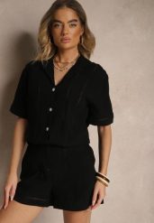 Czarne Szorty z Bawełny High Waist Ozdobione Geometrycznym Wzorem Galessira. Czarne szorty damskie Renee, bez wzorów, z bawełny, eleganckie, z podwyższonym stanem. Za 54.99 zł.