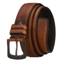 Skórzany, brązowy pasek męski z klasyczną klamrą i dwiema szlufkami - Peterson. Brązowe paski męskie Peterson, bez wzorów, z jeansu, eleganckie. Za 69.99 zł.