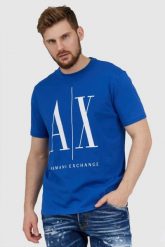ARMANI EXCHANGE Niebieski t-shirt męski z dużym logo. Niebieskie t-shirty męskie Armani Exchange, l, bez wzorów, prążkowane, bez kołnierzyka. W wyprzedaży za 159.99 zł.