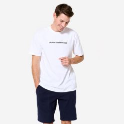 Koszulka z krótkim rękawem męska Domyos Gym & Pilates regular. Białe t-shirty sportowe męskie DOMYOS, l, z bawełny, bez ramiączek, na fitness i siłownię. Za 39.99 zł.