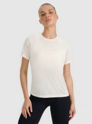 4F Koszulka do biegania regular szybkoschnąca damska - biała L. Białe bluzki sportowe damskie 4f, l, bez wzorów, z materiału, bez ramiączek. Za 119.99 zł.