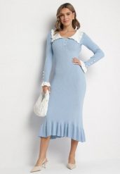 Jasnoniebieska Dzianinowa Sukienka Retro z Wiskozą z Kołnierzykiem i Falbanami Hanlira. Niebieskie sukienki damskie Born2be, na co dzień, m, bez wzorów, z dzianiny, eleganckie, bez kołnierzyka, bez ramiączek, maxi, dopasowane. Za 129.99 zł.