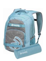 Plecak studencki z przegrodą na laptopa – szary / turkusowy Meatfly + piórnik. Niebieskie plecaki damskie Meatfly, bez wzorów, z materiału, biznesowe. Za 237.99 zł.