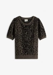 Sweter z rękawami balonowymi. Brązowe swetry klasyczne damskie bonprix, bez kołnierzyka. Za 107.99 zł.