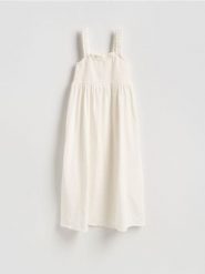 Muślinowa sukienka midi - złamana biel. Sukienki damskie Reserved, na co dzień, l, bez wzorów, z bawełny, bez kołnierzyka, bez ramiączek, midi, proste. Za 159.99 zł.