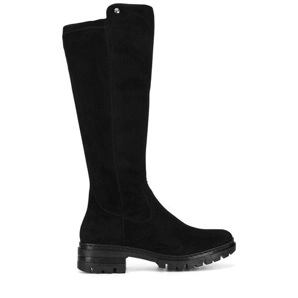 Kozaki Rieker. Czarne kozaki damskie Rieker, bez obcasa, na słupku. Za 311.00 zł.