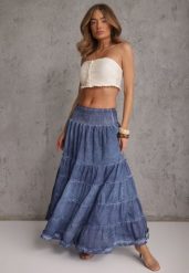 Niebieska Kaskadowa Bawełniana Spódnica High Waist Stylizowana na Denimową Ealnas. Niebieskie spódniczki damskie Renee, m, bez wzorów, z bawełny, casualowe, z podwyższonym stanem, maxi, dopasowane. Za 89.99 zł.