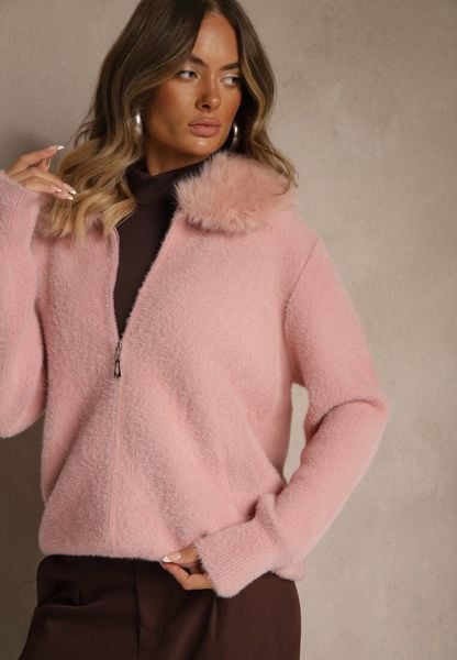 Różowy Zasuwany Kardigan z Wełną z Futerkowym Kołnierzem Asiste. Czerwone kardigany damskie Renee, s, z aplikacjami, z wełny. Za 119.99 zł.