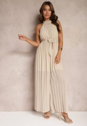 Beżowy Kombinezon z Dekoltem Typu Halter i Gumką w Talii Zolefia. Brązowe kombinezony damskie Renee, bez wzorów, eleganckie, bez kołnierzyka, bez ramiączek, długie. Za 69.99 zł.