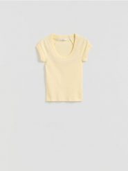 T-shirt slim fit - jasnożółty. Żółte t-shirty damskie Reserved, l, bez wzorów, z bawełny, bez kołnierzyka. Za 35.99 zł.