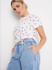 Wzorzysta koszulka - biały. Białe t-shirty damskie Sinsay, l, bez wzorów, bez kołnierzyka. Za 9.99 zł.