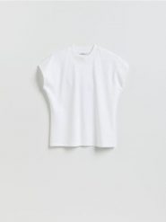 T-shirt z raglanowym rękawem - biały. Białe t-shirty damskie Reserved, l, bez wzorów, z bawełny, bez kołnierzyka. Za 79.99 zł.