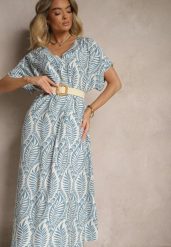 Niebieska Sukienka z Wiskozy Ozdobiona Paskiem i Motywem Liści Belozi. Niebieskie sukienki damskie Renee, na spacer, na lato, l, bez wzorów, z wiskozy, eleganckie, bez kołnierzyka, bez ramiączek, maxi, kopertowe. W wyprzedaży za 71.99 zł.