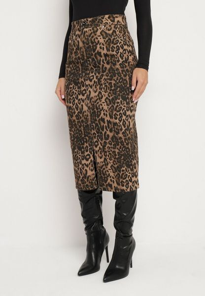 Brązowa Panterkowa Spódnica z Bawełny z Wysokim Stanem Ozdobiona Rozcięciem na Nogę Haritana. Brązowe spódniczki damskie Born2be, l, bez wzorów, z bawełny, eleganckie, z podwyższonym stanem, midi, proste. Za 109.99 zł.
