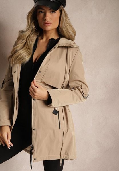 Beżowa Kurtka w Stylu Parki z Rękawami z Regulacją Kapturem i Troczkami Terilanita. Brązowe kurtki damskie Renee, l, bez wzorów, z jeansu. Za 229.99 zł.