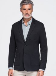 Slimowana męska marynarka SLIM z dzianiny o subtelnej strukturze – czarna V2 - Rozmiar: XL. Czarne marynarki męskie Ombre Clothing, bez wzorów, z bawełny. Za 379.99 zł.