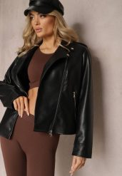 Czarna Kurtka Ramoneska z Napami na Ramionach i Asymetrycznym Suwakiem Brexlynn. Czarne kurtki damskie Renee, plus size, bez wzorów, ze skóry, bez kaptura. Za 89.99 zł.