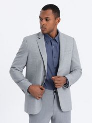 Marynarka męska elegancka z dekoracyjnymi guzikami na mankietach - szara V2 OM-BLZB-0114 - L. Szare marynarki męskie Ombre Clothing, bez wzorów, z poliesteru. W wyprzedaży za 149.99 zł.