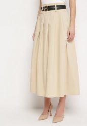 Jasnobeżowa Spódnica z Podwójnym Paskiem z Ekoskóry i Szerokimi Plisami Hiritai. Brązowe spódniczki damskie Born2be, m, bez wzorów, ze skóry, biznesowe, z podwyższonym stanem, maxi, rozkloszowane. Za 119.99 zł.