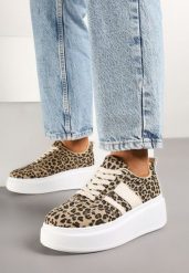 Panterkowe Sneakersy Kultowe Tenisówki na Platformie z Koturnem Elisara. Trampki i tenisówki damskie Born2be, bez wzorów, z jeansu. Za 79.99 zł.