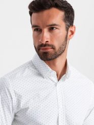 Klasyczna męska bawełniana koszula SLIM FIT w mikro wzór - biała V1 - Rozmiar: S. Białe koszule męskie Ombre Clothing, m, bez wzorów, z bawełny, bez kołnierzyka, bez ramiączek. W wyprzedaży za 69.99 zł.