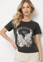 Czarny T-shirt z Bawełny z Nadrukiem Erenova. Czarne t-shirty damskie Born2be, l, bez wzorów, z bawełny, bez kołnierzyka. Za 39.99 zł.