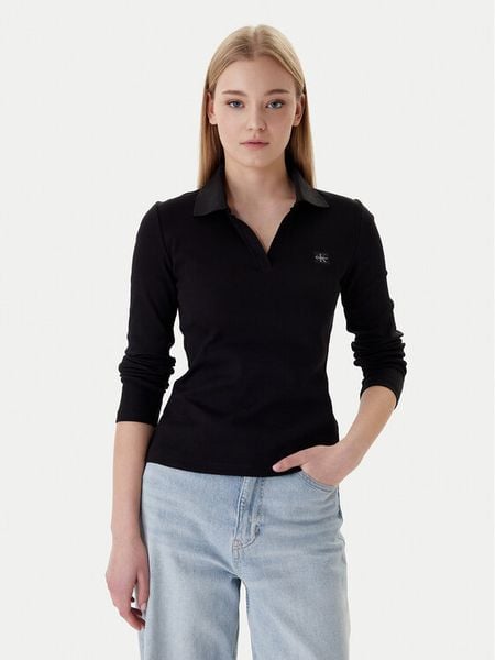 Calvin Klein Bluzka Ls Woven Label LV047E203G Czarny Slim Fit. Czarne bluzki damskie CALVIN KLEIN, l, bez wzorów, z bawełny, bez ramiączek. Za 249.99 zł.