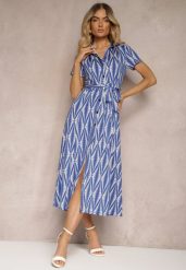 Granatowa Koszulowa Sukienka z Materiałowym Paskiem i Guzikami z Geometrycznym Printem Usklea. Niebieskie sukienki damskie Renee, na lato, l, bez wzorów, z dzianiny, bez kołnierzyka, bez ramiączek, maxi, koszulowe. W wyprzedaży za 132.99 zł.