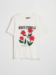 Koszulka z nadrukiem - kremowy. Białe t-shirty damskie Sinsay, l, bez wzorów, bez kołnierzyka. W wyprzedaży za 19.99 zł.