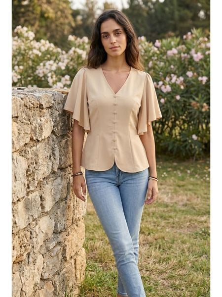 SOULSHAE Bluzka w kolorze beżowym rozmiar: XXL/3XL. Brązowe bluzki damskie SOULSHAE, xl, bez wzorów, bez kołnierzyka, bez ramiączek. Za 104.95 zł.