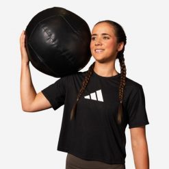 Koszulka fitness damska ADIDAS. Czarne bluzki sportowe damskie Adidas, l, z materiału, bez kołnierzyka, bez ramiączek. Za 99.99 zł.